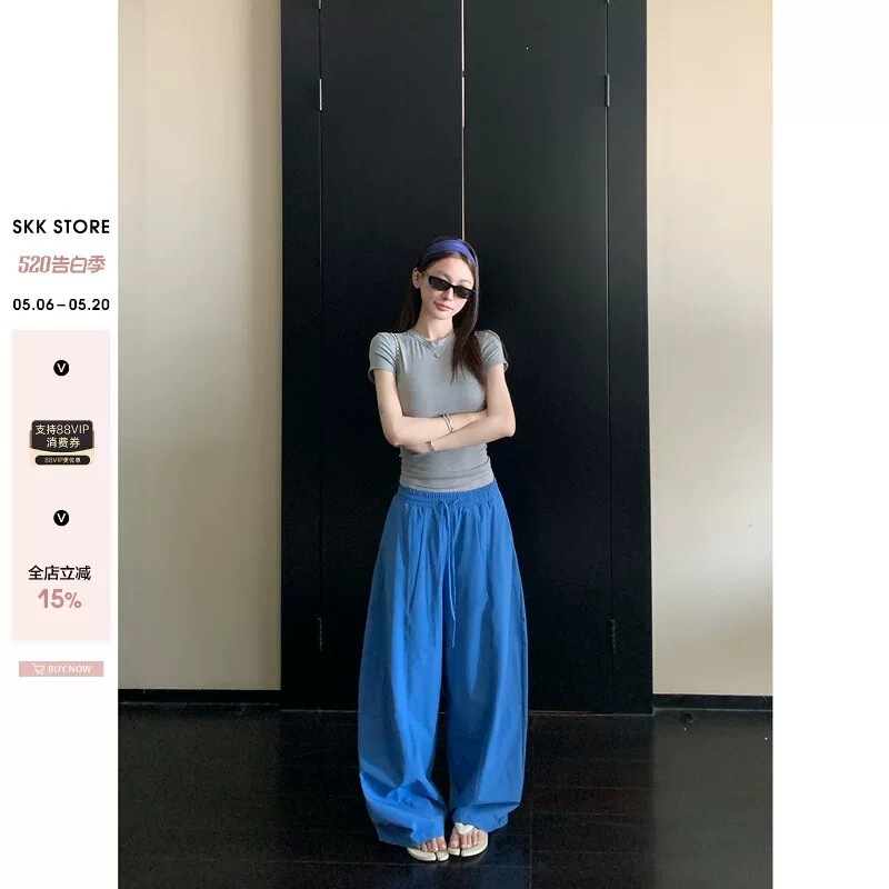 Original Style Blue Women's Breathable Casual Pants, Summer Thin Straight Wide-Leg Loose Lazy Style Scimitar Pants