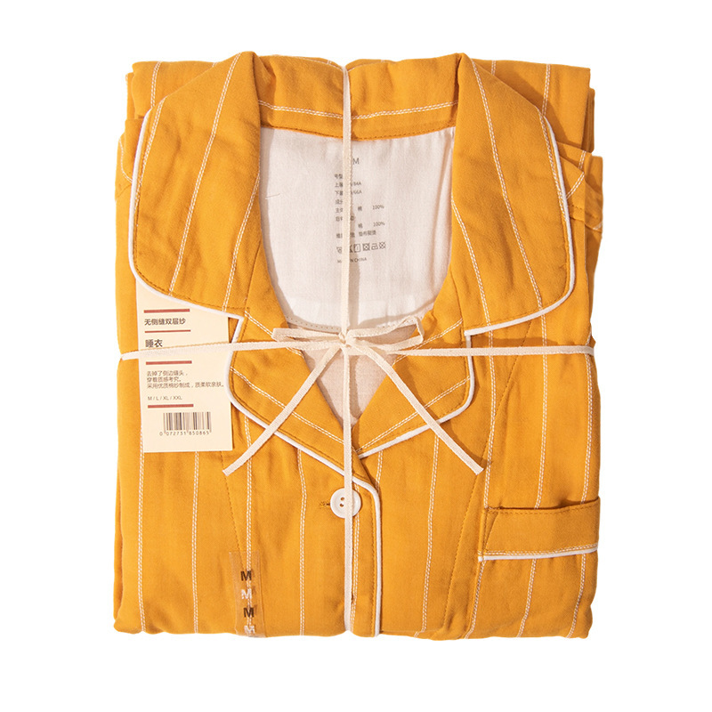 Japanese Style Non-Printed Double-Layer Yarn Household Products Pure Cotton Couples Vertical Stripe Pajamas Pure Cotton Men's and Women's Household Suit
