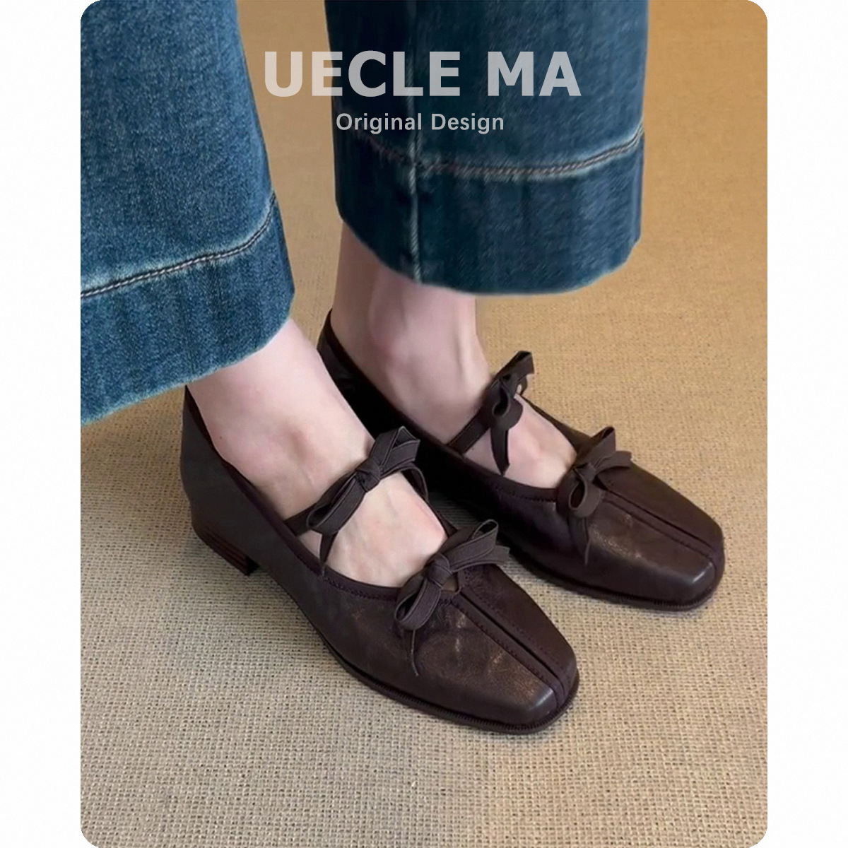 Dam ballerinaskor i äkta läder med rosett i retro stil_voghion.com