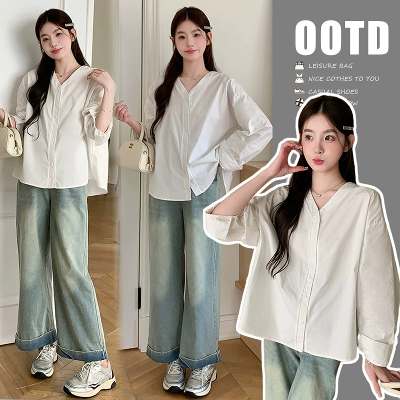 Реальный выстрел для беременных корейская минималистская кардиган рубашка джинсы набор из двух частей