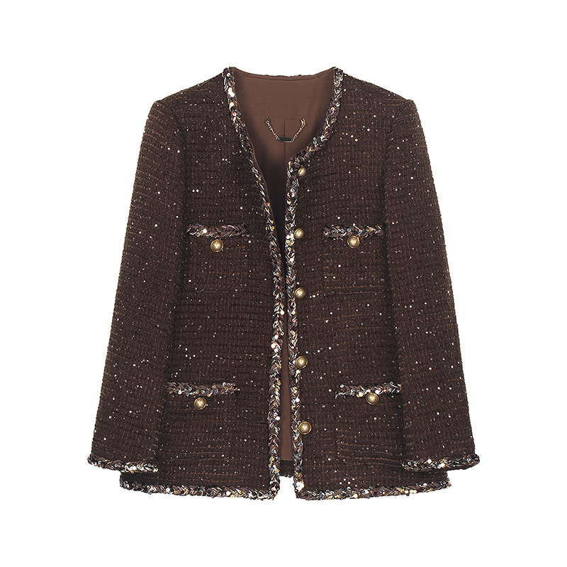 French Socialite Style Coffee-Colored Tweed Coat, Loose Mid-Length Jacket 130096