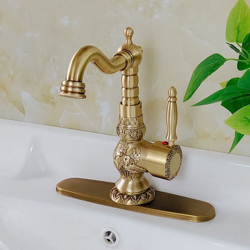 Antique Faucet, Carved Basin, Hot and Cold Water Faucet, Bathroom Basin, Single Handle, Single Hole, Heightened European Style Rotation