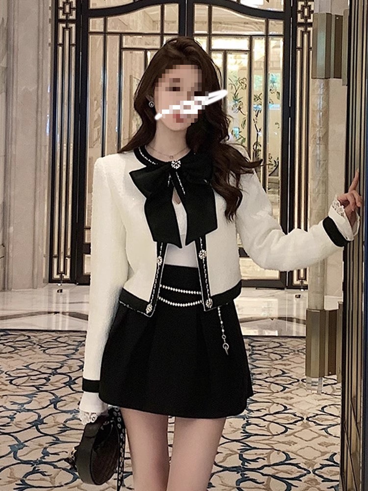 Ffmiss ◆ Tweed Style Contrasting Color Bow Beaded Woolen Short Outwear Women's Slimming Look Tweed Cardigan