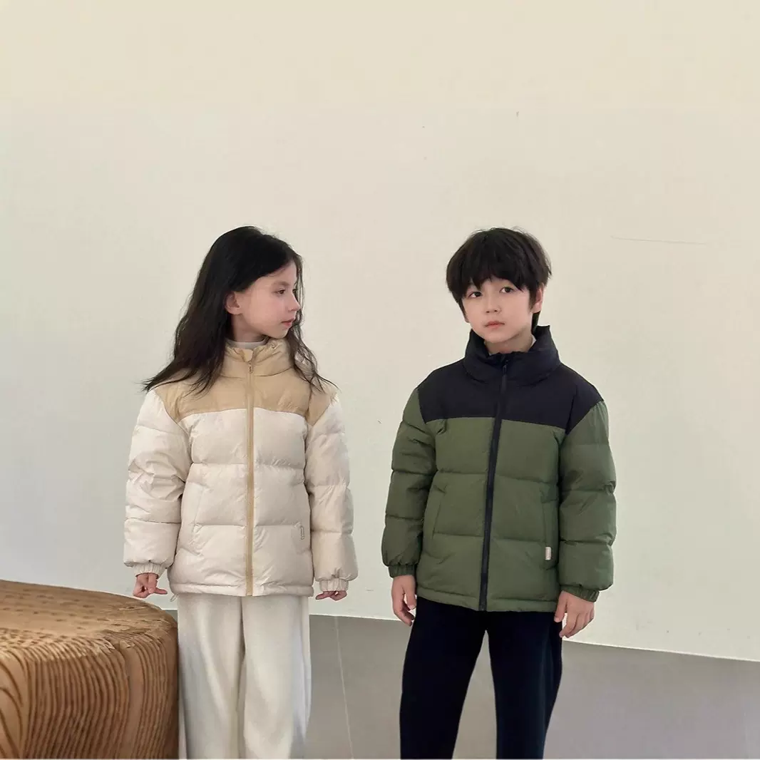 秋冬新款面包服男女童儿童小孩立领短款羽绒服中大童拼色外穿外套