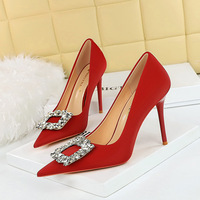 3265-K5 Fashion Banquet High Heels Women's Shoes Slim Heels Ultra High Heels Shallow Mouth Pointed Water Diamond Button Single Shoes Women