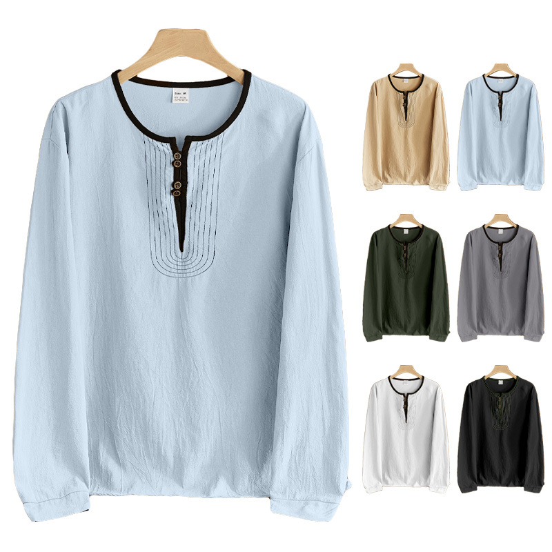 Transfronterizos estadounidenses pesados retro algodón y lino casuales de manga larga nuevo año temu nuevo estilo europeo y americano lino de moda camisa Henry