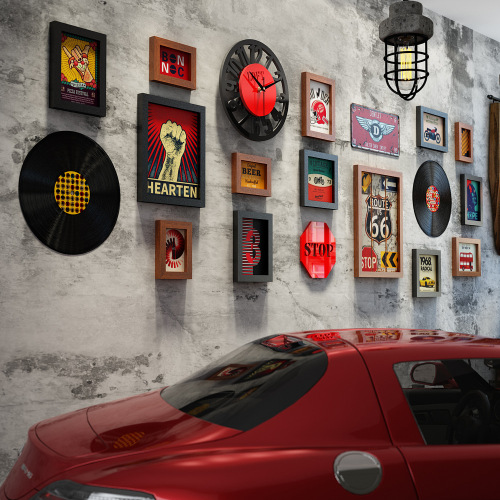 High Molecular 3164 Retro Photo Wall Combination Picture Frame Industrial Style Decorative Painting with Real Clock, Photos Can Be Changed