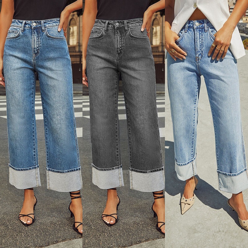 Amazon Cross-Border 2025 Spring New Elastic Straight-Leg Jeans for Women, Quality Vintage Rolled-Edge High-Waisted Long Pants