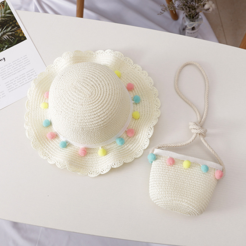 Color ball wavy edge straw hat-milk white