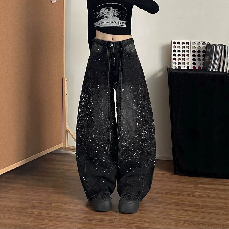 American-Style Rhinestone-Embellished Jeans for Women, Petite Size, Loose Fit, Pear-Shaped Body, Floor-Length Wide-Leg Jeans for Women