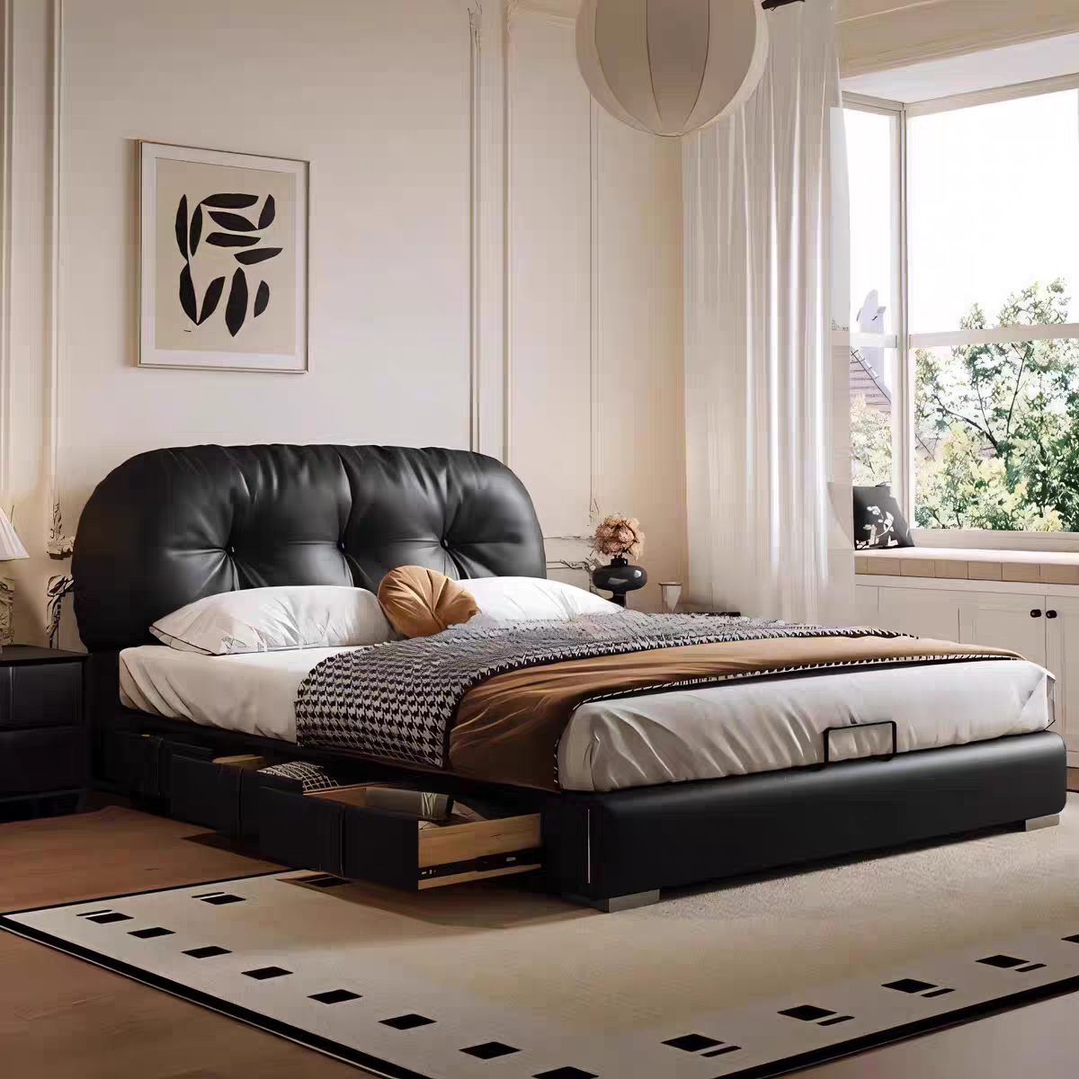 Cama de cuero francesa retro tostada negra de paquete blando cama doble dormitorio principal pequeña casa simple cama de almacenamiento de caja alta