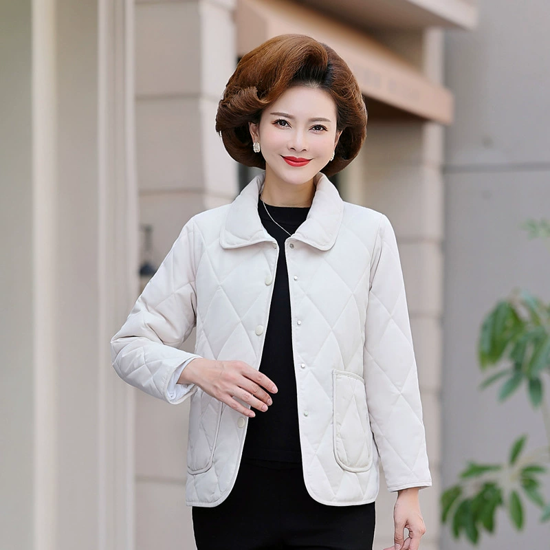 Demi-season down jacket for mother, winter short light and thin trench coat with down, for middle age, plus size