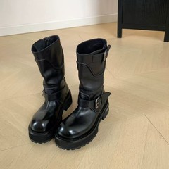 ヨーロッパステーション 2025 新しいスタイル牛革レトロオールドナイトブーツ女性のベルトバックルナイトブーツヴェンザーミッドカーフブーツ女性