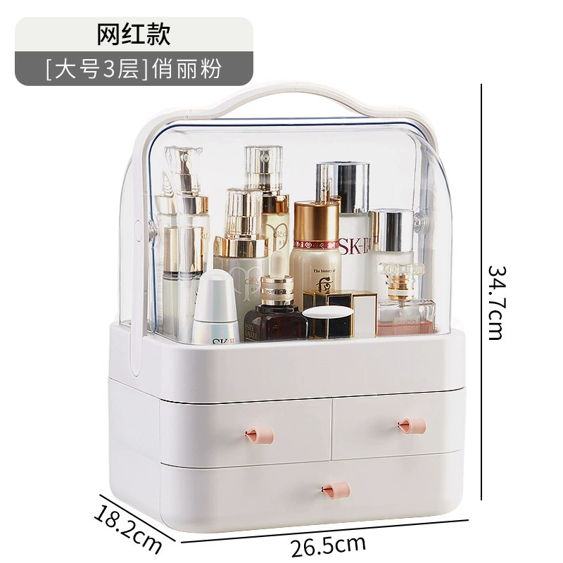 Cosmetic Storage Box, 3-Layer Makeup Organizer with Drawers & Transparent Hood, Portable Handle