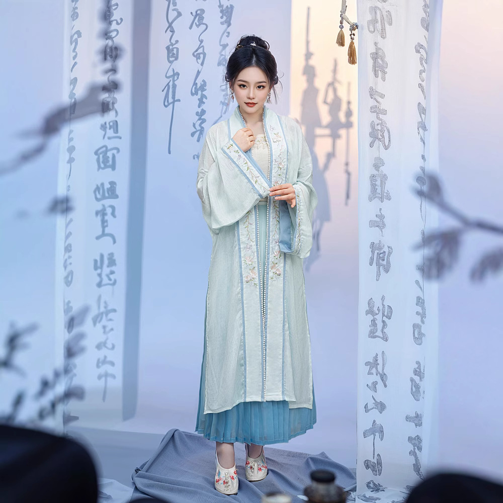 [Young Women] Improved Sling Straight Collar Pair Long Shirt One-piece Pleated Skirt Song-made Hanfu Women's Suit