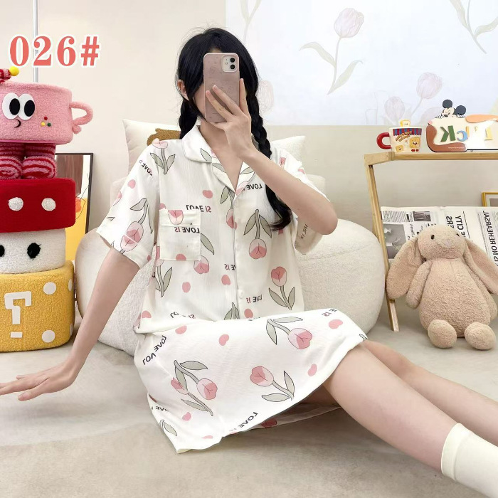 Pijama de verano de manga corta cardigan con solapa impresión de dibujos animados nubes de algodón dulce suelto medio largo vestido transfronterizo
