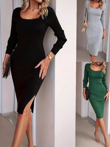 European and American dresses are popular for autumn and winter, elegant, hip fitting, split round neck long dress