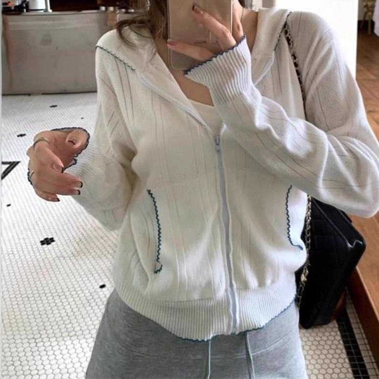 条纹连帽长袖针织衫外套女2025秋季新款韩系显瘦短款开衫上衣chic|undefined