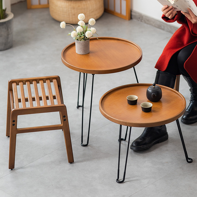 Folding small round coffee table, home use, balcony low table, sofa side table, solid wood, balcony outdoor courtyard mini tea table