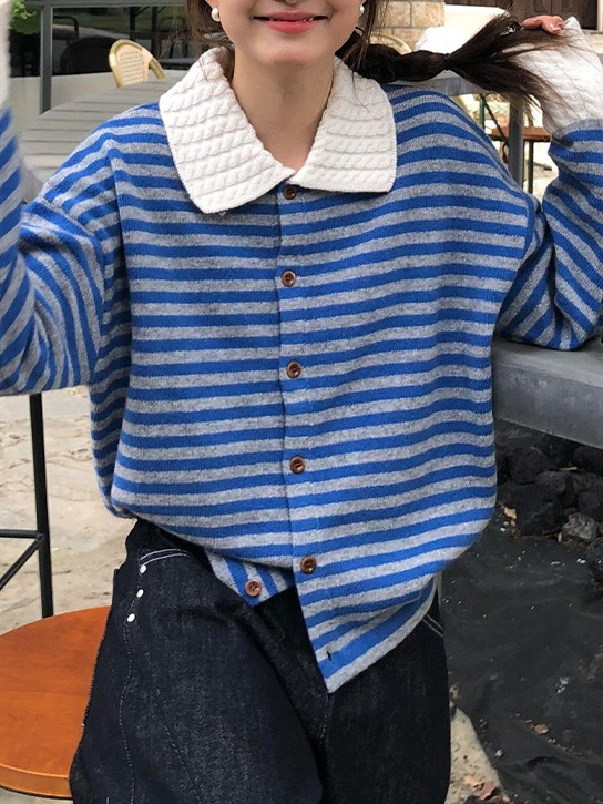 2025秋季新款韩版宽松显瘦条纹POLO领长袖针织毛衣百搭慵懒上衣女|undefined
