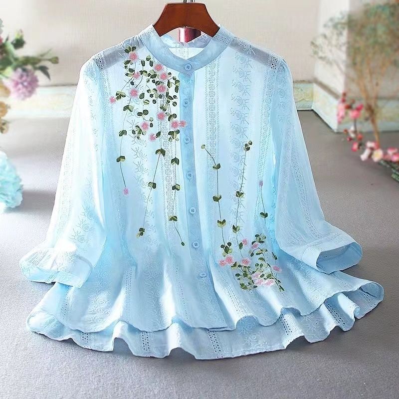 Minimalist Vintage Lace Shirt for Women 2025 Spring/Summer Loose Slimming Ruffle Embroidered Blouse Top