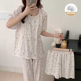 云朵棉圆领带胸垫睡衣三件套 夏季万年格薄款可外穿家居服