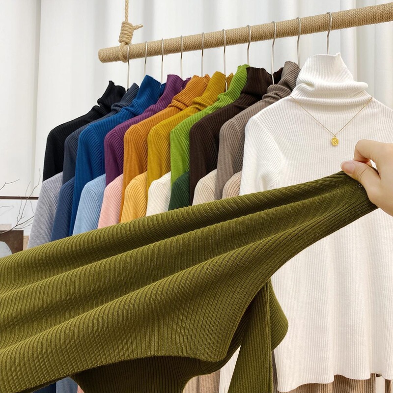 High-Neck Mustard Green Thick Base Sweater for Women, Winter Solid Color Knit Pullover Top High-Neck Mustard Green Thick Base Sweater for Women, Winter Solid Color Knit Pullover Top