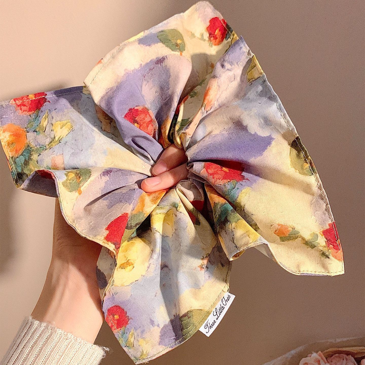 5# spring green oil painting color block square scarf hair tie, approximately 20cm