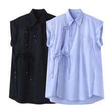现货夏季新款小清新简约新中式盘扣设计感无袖衬衫翻领宽松上衣女