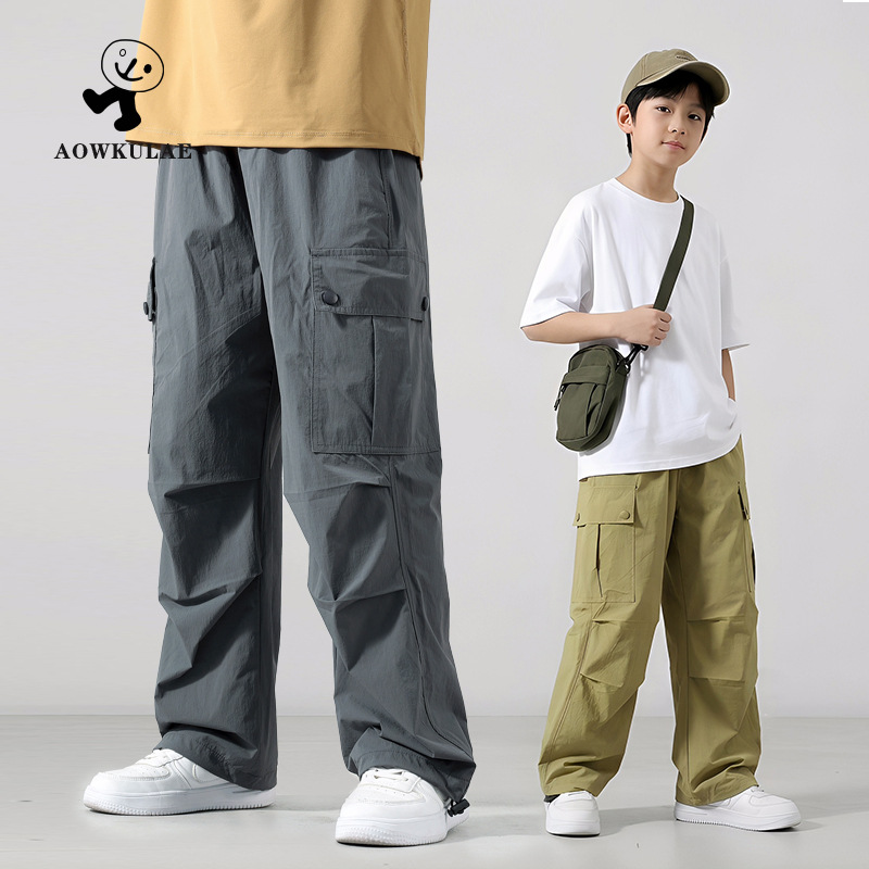 Summer Cool-Feeling New Children's Outdoor Lightweight Long Pants, Girls' Breathable Straight Leg Cargo Pants, Boys' Mosquito-Proof Pants