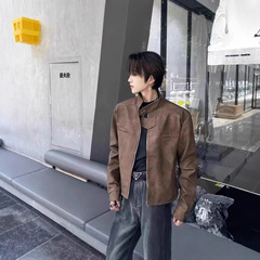 感小衆高街コート男子ショートブラウンカレー色パイロットジャケットアメリカレトロ機関車服革服