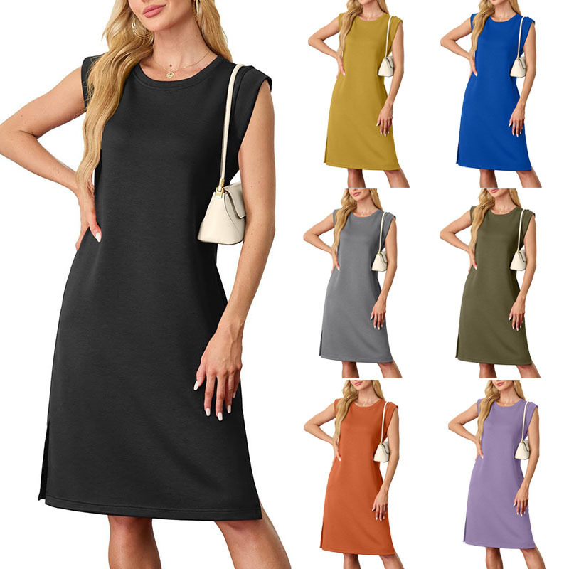 2025 Amazon European and American Cross-border Women's Summer Round Neck Casual Loose Split Sleeveless Mid-length dress