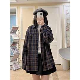 CD720 宽松外套加厚藏蓝色慵懒复古显白百搭衬衣新款女格子衬衫