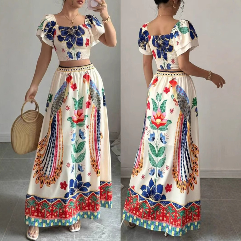 Cross-border 2025 European and American New Printed Casual Holiday Style Bohemian Short-sleeved Top Long Dress Women's suit