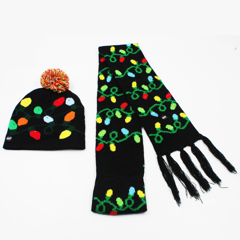 Fabricante transfronterizo de gorros navideños europeos y americanos tejidos en jacquard, gorros navideños de lana con luces LED, gorros navideños con pompón y bufandas. image 49