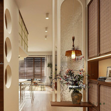 法式拱弧型客厅屏风奶油风水纹玻璃隔断复古实木入户玄关卧室定