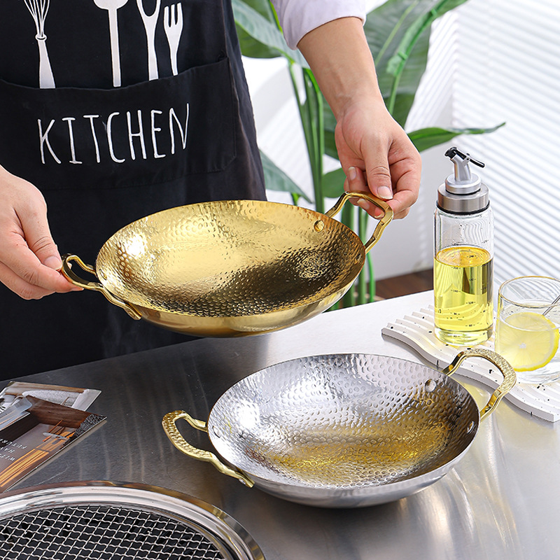 Korean Stainless Steel Double-Eared Pot Outdoor Multi-Functional Crayfish Bullfrog Dry Pot Golden Heating Pot Customized Logo