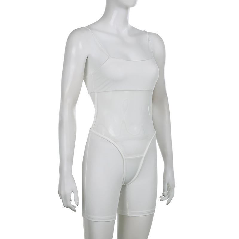 Women Streetwear Special Mesh See through Stitching Hollow Out Cutout Backless Sexy Sling Jumpsuit Summer