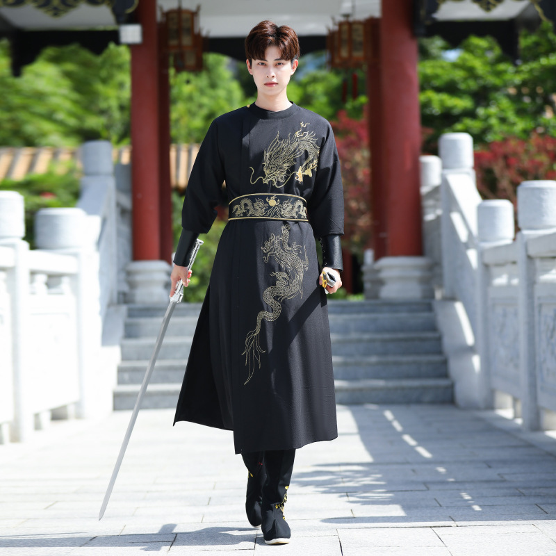 Chinese Style Hanfu Tang Style Imperial Guards Men and Women Black Crewneck Robe Martial Arts Swordsman Hanfu Class Dress Ancient Dress suit