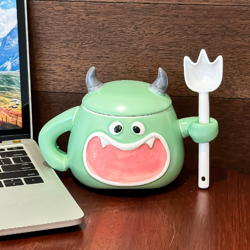 かわいい小悪魔カップ、蓋とスプーン付きのクリエイティブで面白いマグカップ、キュートでパーソナライズされたセラミックウォーターカップ、女性への誕生日プレゼント|undefined