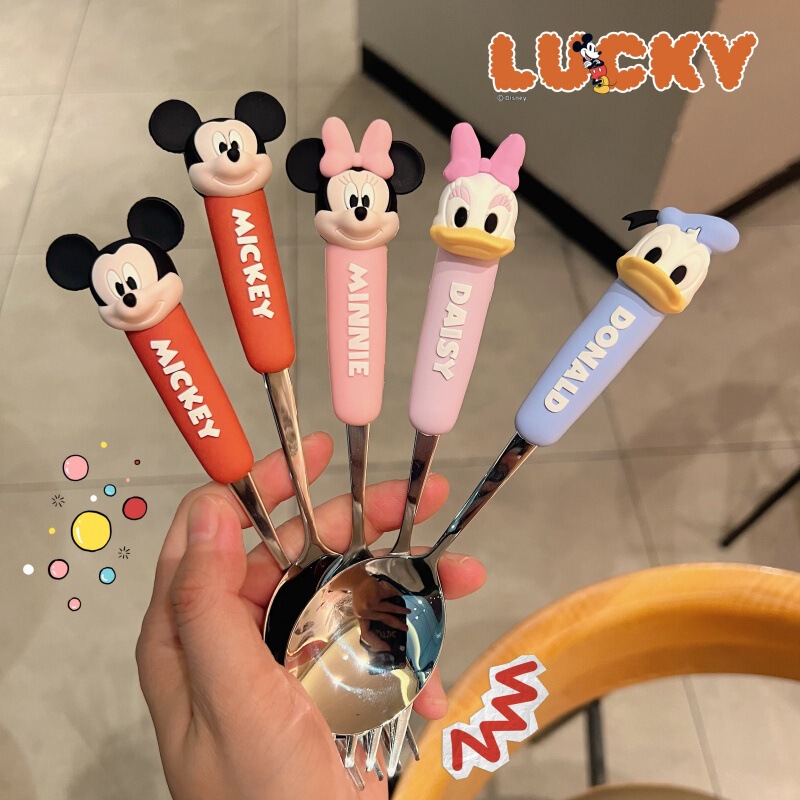 Creative High-End Stainless Steel Spoon Pvc Mickey and Minnie Anti-Fall Cute Kidsren's Home Eating Spoon and Fork Wholesale Creative High-End Stainless Steel Spoon Pvc Mickey and Minnie Anti-Fall Cute Kidsren's Home Eating Spoon and Fork Wholesale