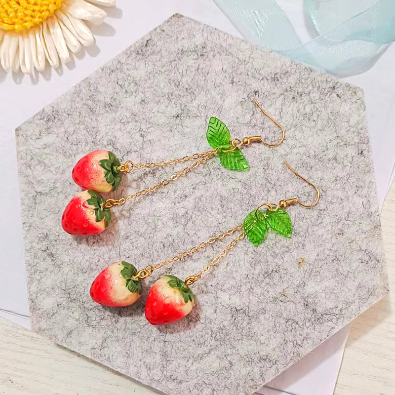 6g Weight Earrings, Necklace Classification 1 Piece, 1 Pair Quantity Daily, Street Occasion Resin Material Strawberry Pattern Women's Gender Fruit Design Cute, Sweet Style Cute Sweet Strawberry Resin Fruit Women's Earrings Necklace 无