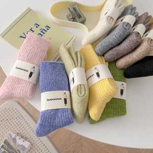 suxinaimin Japanese Style Drawstrip Socks Autumn and Winter Thickened Solid Color Warm Wool Mid-tube Socks Vintage Stacked Socks for Women