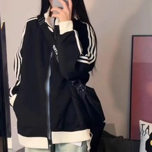 撞色拼接立领卫衣外套女春秋百搭宽松中长款拉链棒球服运动风上衣