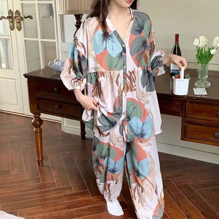 工厂直销跨境睡衣女七分袖春秋季拼色叶子慵懒风开衫家居服可外穿