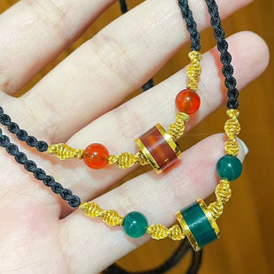 999 Pure Gold Transfer Bead Pendant Women's Gold Inlaid Natural Agate Necklace 24K Pure Gold Chinese Valentine's Day Gift