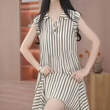 一件代发直播爆款2025夏季时尚条纹翻领洋气显瘦百搭妈妈装连衣裙