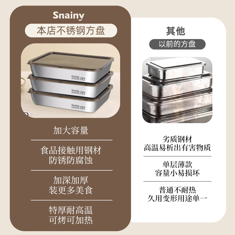 Rectangular Food Contact Tray for Food Preparation, Freezing, and Marinating, with Lid, Stainless Steel Towel Tray for Stall Use