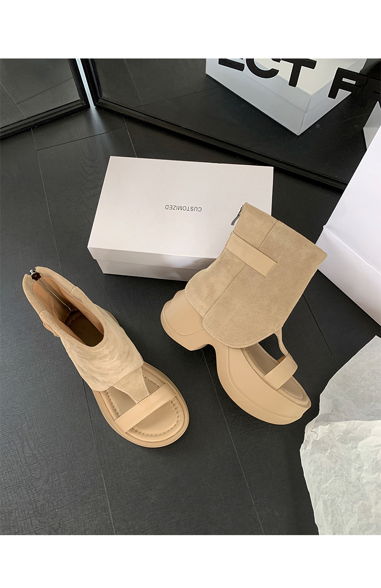 Boot sandal hở mũi gót vuông đế dày da lộn khóa kéo sau — Màu caramel, màu mơ chi tiết 27