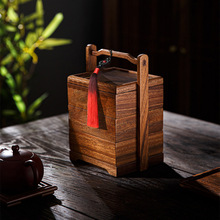 胡桃木手提篮食盒三层收纳点心提盒新中式茶盒礼品盒便携茶具户外